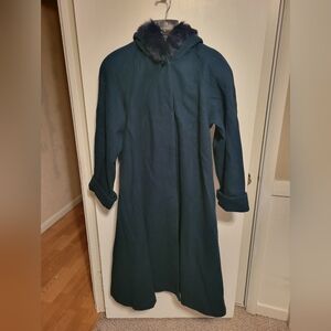 Long Dark Green Trench Coat with Rabbit-Fur Trimmed Hood
